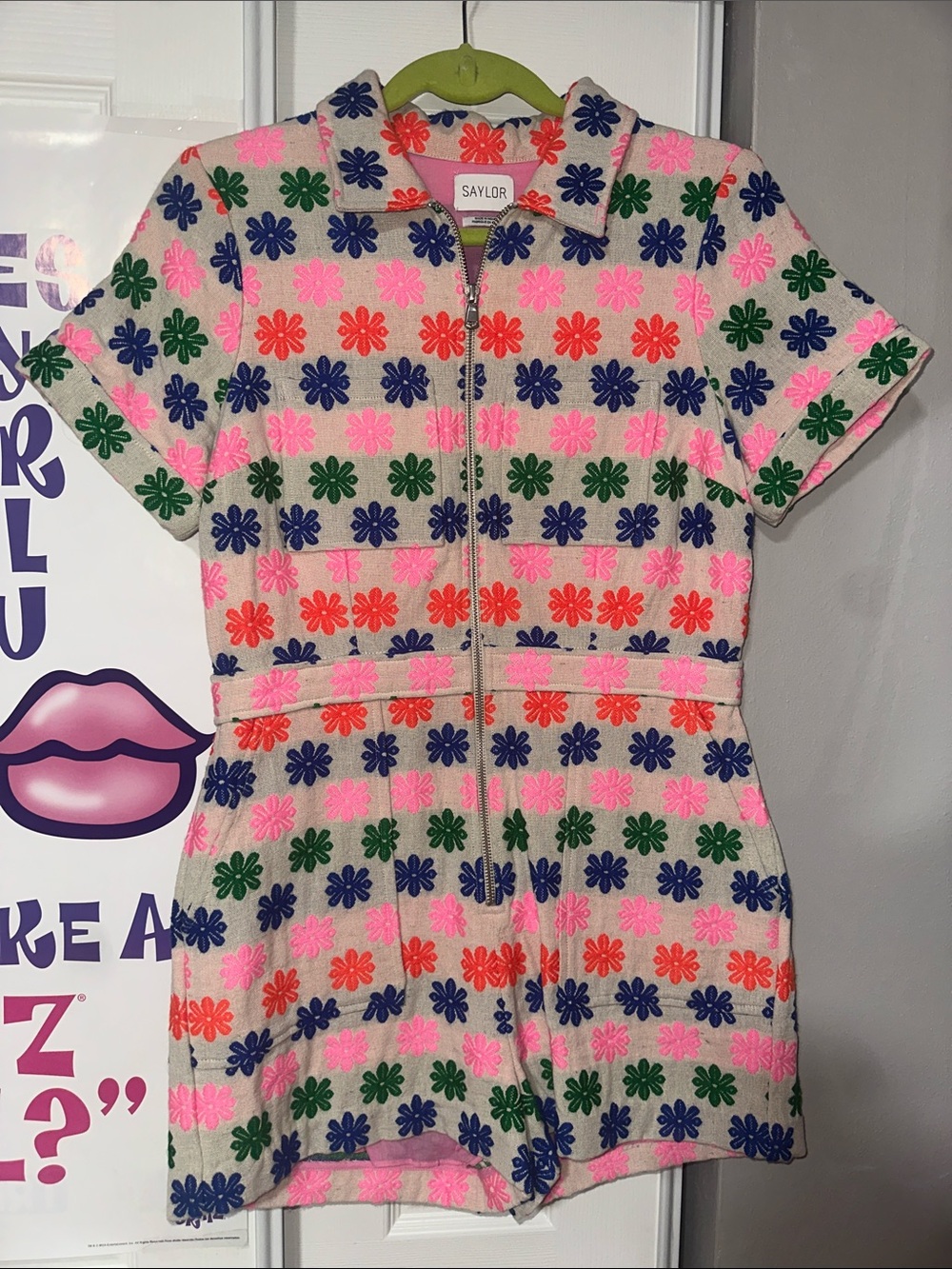SAYLOR Cream Romper Dress with Pink, Orange, Blue & Green Floral Embroidery